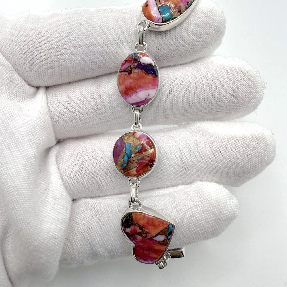 Pink Oyster Turquoise .925 Sterling Silver Bracelet - Picture 12 of 16